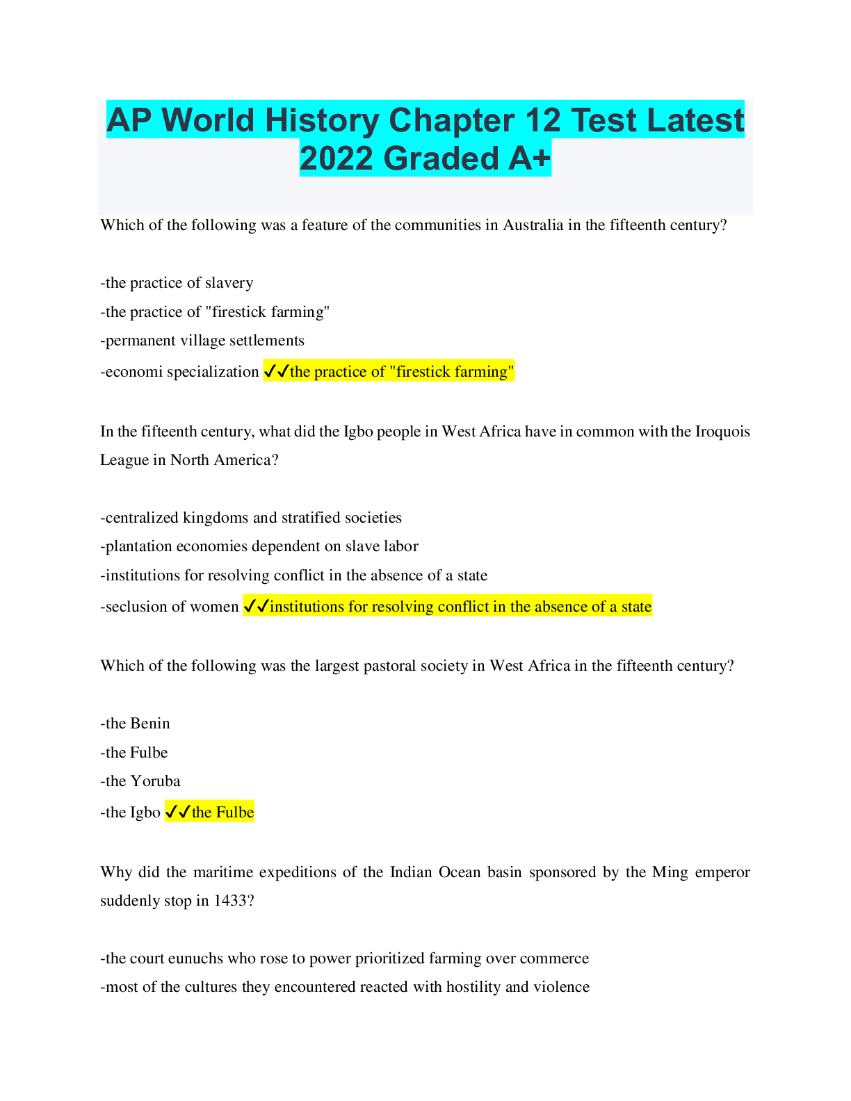 Preview image of AP World History Chapter 12 Test Latest 2022 Graded A+ document